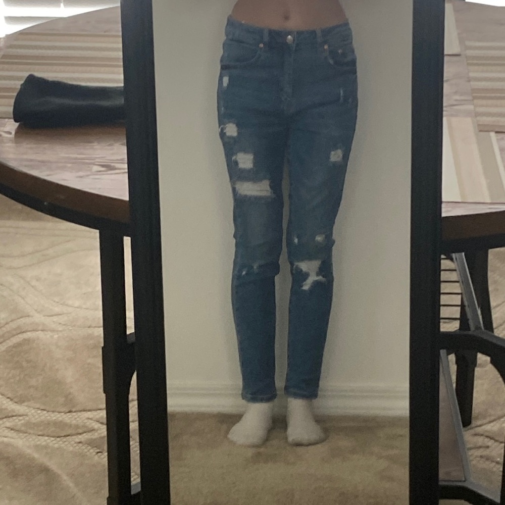 Blue Ripped Skinny Jeans Medium Length Waist
